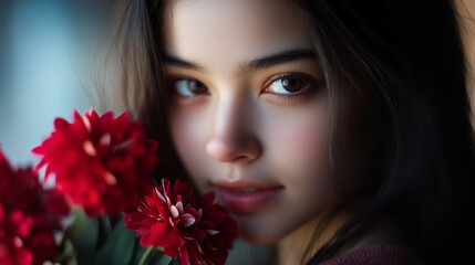 Naklejka premium Beautiful girl holding red flowers on Valentine’s Day with soft lighting