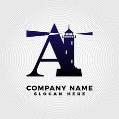 Lighthouse blended with letter A logo template. Lighthouse logo with letter combination