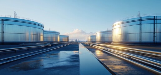 Fototapeta premium A vast industrial complex with a massive LNG storage tank designed for holding liquified natural gas at low temperatures, showcasing modern energy ... See More