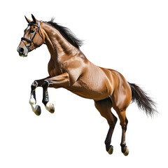 Obraz premium A powerful brown horse leaping in mid-air, showcasing strength and grace in a dynamic pose against a clear background.