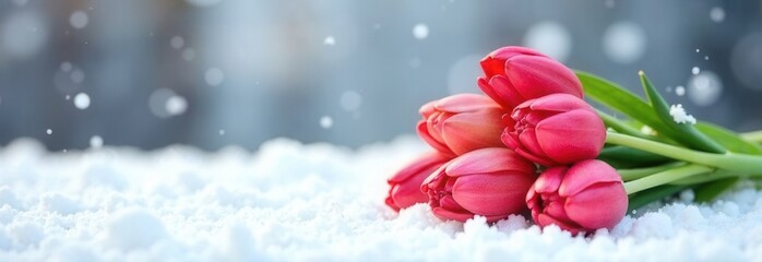Obraz premium A vibrant bunch of beautiful red tulips is gracefully laying on the cold, white snow, creating a stunning visual contrast