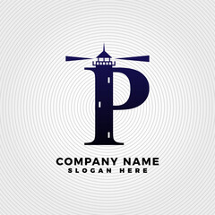 Lighthouse blended with letter P logo template. Lighthouse logo with letter combination