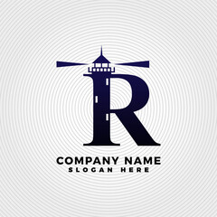 Lighthouse blended with letter R logo template. Lighthouse logo with letter combination