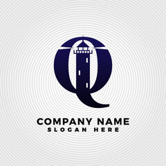 Lighthouse blended with letter Q logo template. Lighthouse logo with letter combination