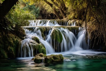 Obraz premium Serene Waterfall Cascades Over Mossy Rocks, Creating a Tranquil Paradise in a Lush Forest