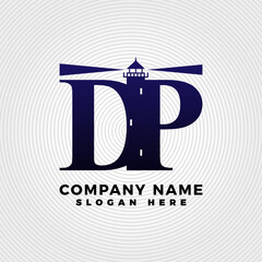 Lighthouse blended with letter DP logo template. Lighthouse logo with letter combination