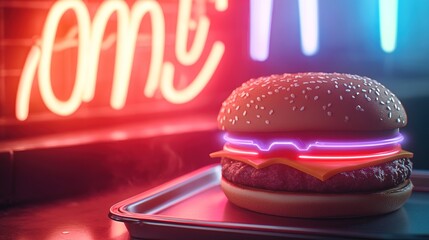 close-up of neon burger sign with retro fast-food tray beneath it softly blurred for depth and focus