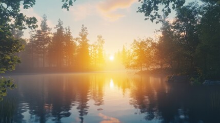 Sun Rising Over a Serene Lake - Generative AI
