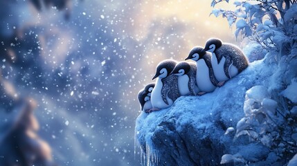 A group of penguins huddling together on an icy cliff, with snowflakes gently falling around them.
