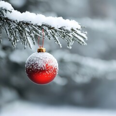 Snowy fir branch with festive red ball
