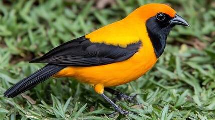 Fototapeta premium Vibrant orange and black bird on green grass.
