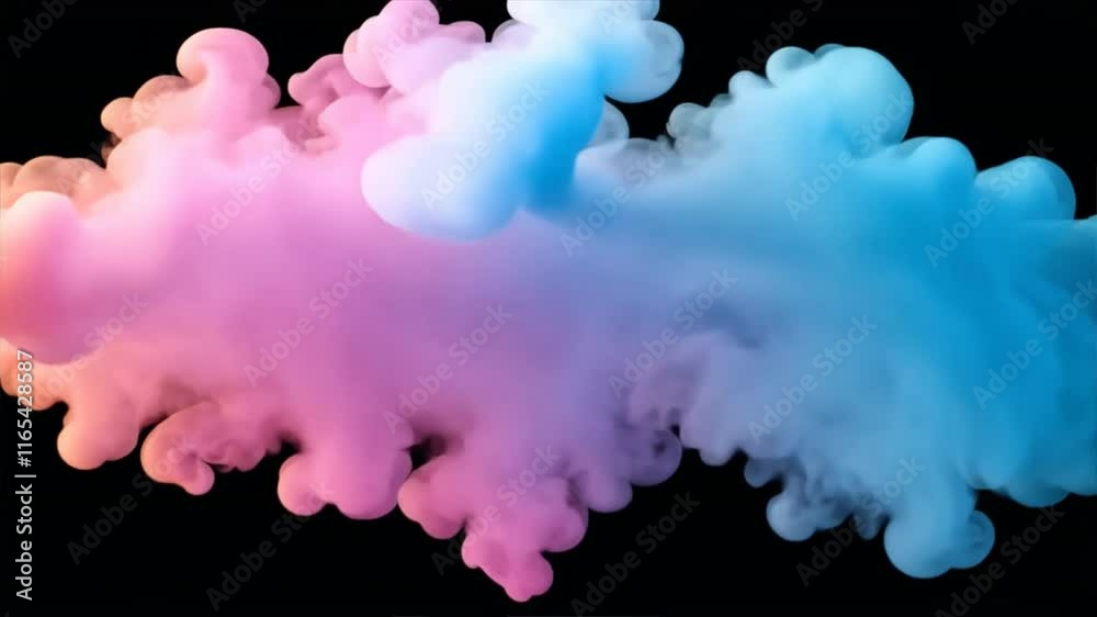 Poster colorful smoke swirls in dynamic shades of pink and blue against abstract black background, creating