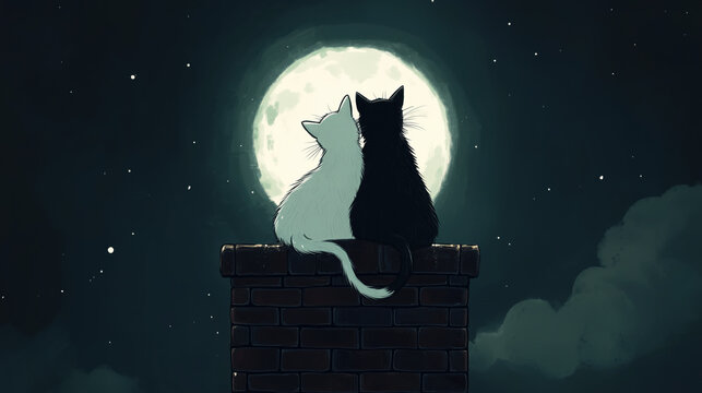 Black and white cat sitting on the chimney, on the roof, watching the moon in night sky, romantic, illustration