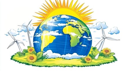Naklejka premium Green Energy Powered Earth Sun, Wind, And Nature Symbolize A Sustainable Future For Our Planet.