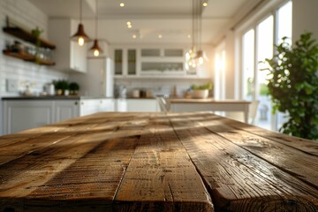 Rustic wooden table in a bright, airy kitchen with sunlight streaming through large windows.
