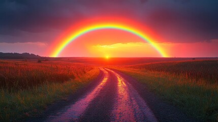 Dramatic rainbow over a wet countryside road at sunset.