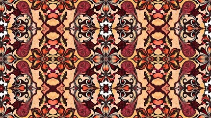 Ornate Floral Damask Pattern: Rich, warm tones in a repeating damask pattern. Perfect for textile design, wallpaper, or surface design projects.  Intricate details and a luxurious feel. 