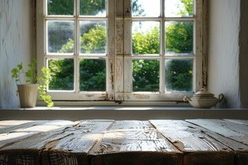 Rustic wooden table in front of a sunlit window with greenery, creating a serene and calming atmosphere.