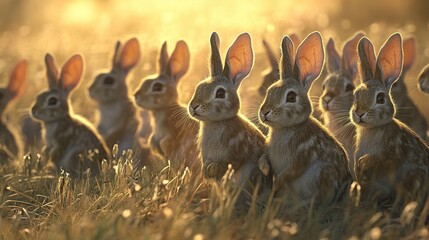 Obraz premium A group of rabbits hopping across a field, their ears twitching as they listen for sounds around them.