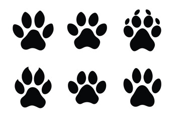 Dog or cat paw print silhouette set vector illustration, Collection of Animal footprint	