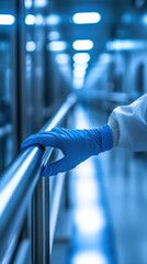 A gloved hand holds a railing in a sterile blue-lit corridor.