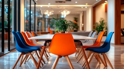Modern Office Meeting Room: A clean and minimalist design with a long white table and colorful chairs,  ready for a brainstorming session or a productive meeting.
