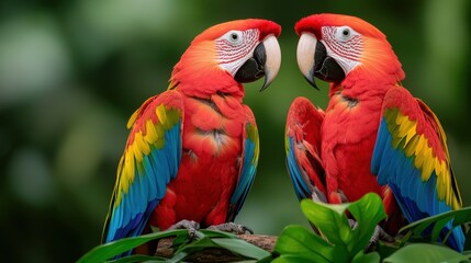 Two vibrant scarlet macaws face each other, showcasing their stunning plumage against a lush green backdrop, embodying the beauty of the rainforest.