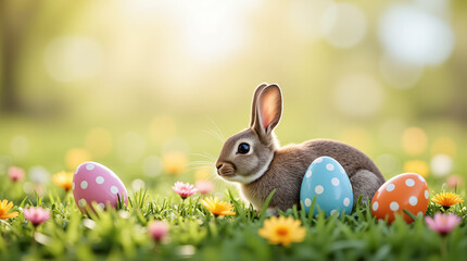 Bunny surrounded by colorful Easter eggs and flowers