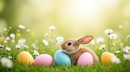 Easter bunny in a grassy field with eggs and daisies