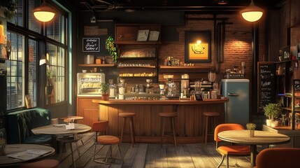 a 3D-rendered cozy caf&Atilde;&copy; interior with industrial design elements, soft lighting, and stylish seating arrangements. 