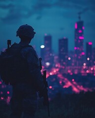 Fototapeta premium Silhouetted soldier overlooking a vibrant, futuristic cityscape at night.