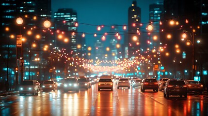 City Night Street Lights Reflecting On Wet Roadway