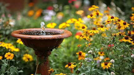 Small terracotta birdbath fountain in a vibrant flower garden.