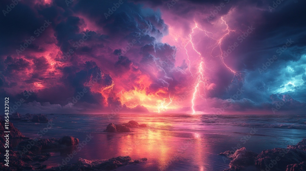 Wall mural Dramatic stormy sky over a tranquil ocean shoreline with vibrant lightning strikes.