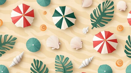 Fototapeta premium A vibrant overhead view of beach umbrellas, seashells, and tropical leaves on sandy terrain, evoking a sunny, relaxing seaside atmosphere.