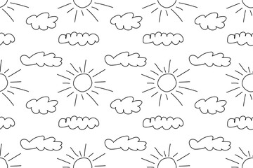 Seamless black-and-white pattern featuring cheerful suns and clouds. Perfect for children coloring activities.