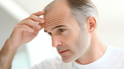 Naklejka premium Person examining thinning hair in mirror, reflecting on aging and self-care. Embracing natural changes and prioritizing health and well-being.