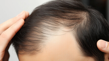 Obraz premium Person examining thinning hair in mirror, reflecting on aging and self-care. Embracing natural changes and prioritizing health and well-being.