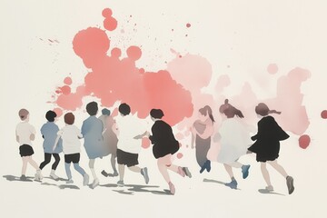 Running in the Coral Mist: Watercolor painting of children running joyfully, their silhouettes set against a vibrant coral splash.  A dynamic scene of youthful energy and freedom.