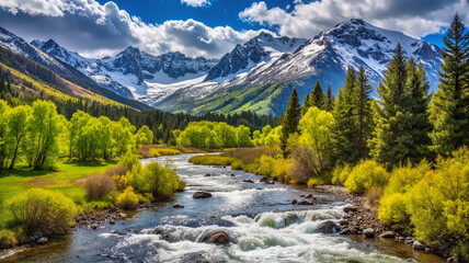 Mountain stream surrounded by lush greenery