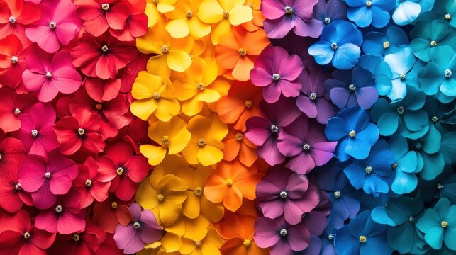 Colorful flowers with red, orange, yellow, purple, blue hues.