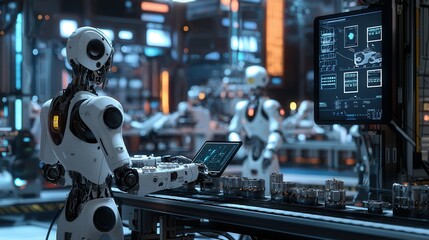 Fototapeta premium Robots working in a futuristic laboratory conducting research and development tasks during an advanced technology session