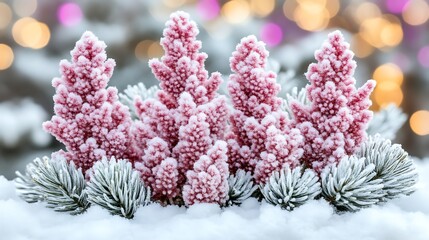 Pink frosted plants nestled in winter snow