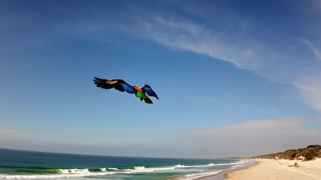 Macaw parrot flying over the beach vibrant feathers, clear skies focus on bird in flight and coastal scenery