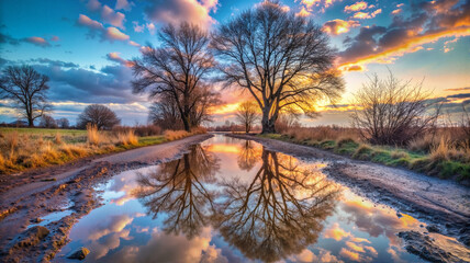 Naklejka premium Tree reflections in puddle at sunset