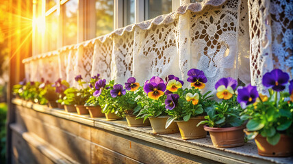Fototapeta premium Potted flowers on balcony in morning sunlight