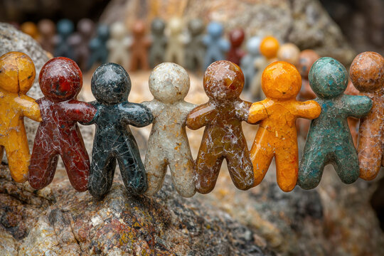 Colorful stone figurines holding hands in unity outdoors