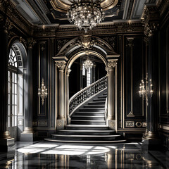 Glistening Regal Staircase in a Luxurious Black and Gold Interior Design Setting