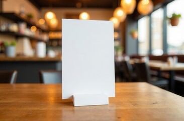 A clean, white sign is resting on a wooden table inside a restaurant