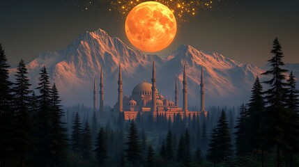 Majestic mosque nestled in a mountain valley under a large orange moon.